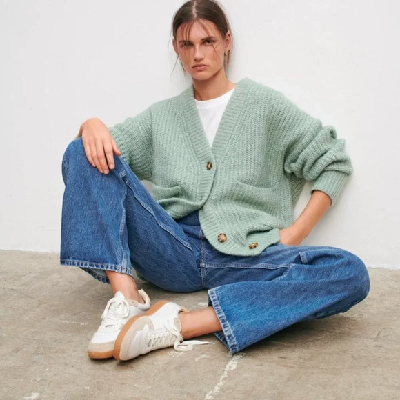 Zara Light Blue/green oversized  Cardigan Sweater, size small with pockets - Picture 4 of 11